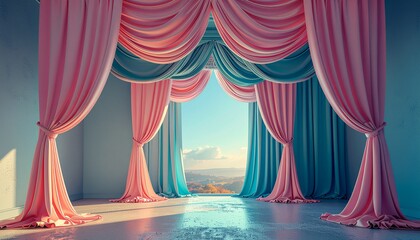Fabric smoke flowing upward like a tablecloth in soft lighting with pink curtains and blue drapes