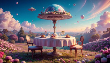 Quiet absurdity expressed through light and space as firefly illuminates a serene landscape with floating furniture