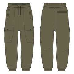 Olive green jogger cargo pants template front and back view