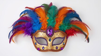 Colorful Venetian Carnival Mask with Feathers on White Background