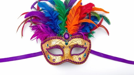 Colorful Venetian Carnival Mask with Feathers on White Background