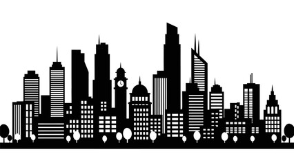 Fototapeta premium Urban cityscape silhouette vector illustration featuring tall buildings modern skyscrapers clock tower and residential structures depicting contemporary