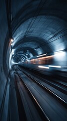 Subway tunnel interior with blurred motion of train on tracks
