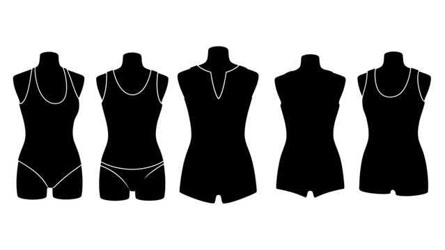 Set of black silhouettes showcasing various women swimwear styles displayed on abstract female torso mannequins including one piece bathing suits tankinis 