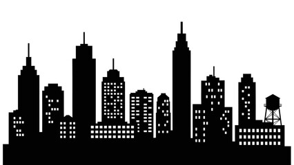 Fototapeta premium Detailed urban skyline silhouette featuring prominent high rise skyscrapers commercial buildings and industrial structures with illuminated windows 