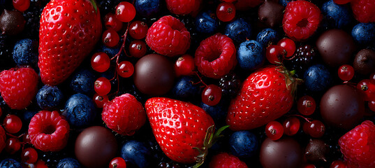 Fototapeta premium Assorted mixed berries and chocolates forming a colorful dessert arrangement with fresh strawberries blueberries and raspberries