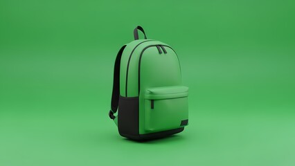 A minimalist 3D render of a green backpack with black accents, set against a solid green background.