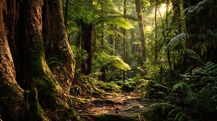 Sunlit forest path winding through a vibrant, moss covered jungle