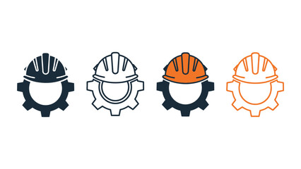 Collection of four construction hard hat icons combined with gear symbols
