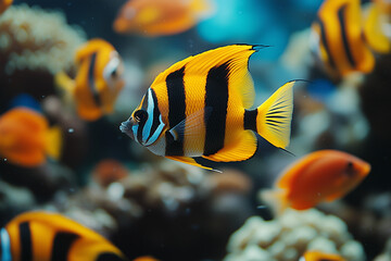 Vibrant tropical butterflyfish swimming gracefully among an underwater coral reef, revealing striking yellow and black patterns and delicate fins.