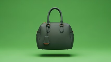 A sophisticated dark green handbag with a leather tag floats against a vibrant lime green background.