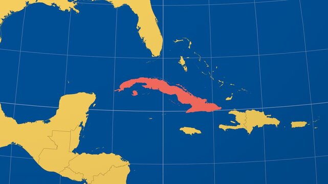 Cuba on Globe. Animated zoom into the country in Ocean Blue Golden Yellow color palette. Cuba logo animation. Map with meridians, parallels. Elegant video.
