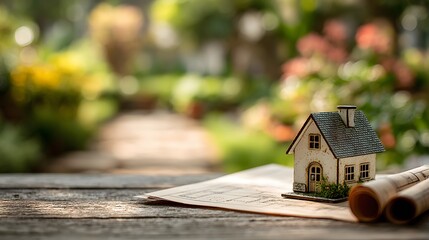Model toy house sitting next to rolled architectural blueprints on table with blurred green garden background and warm sunlight lighting.