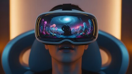 A person wearing a white virtual reality headset is immersed in a futuristic digital world