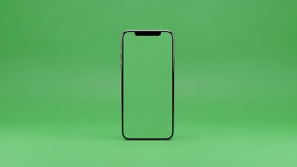 Modern smartphone with a blank green screen display on a vibrant green background, ready for content insertion.