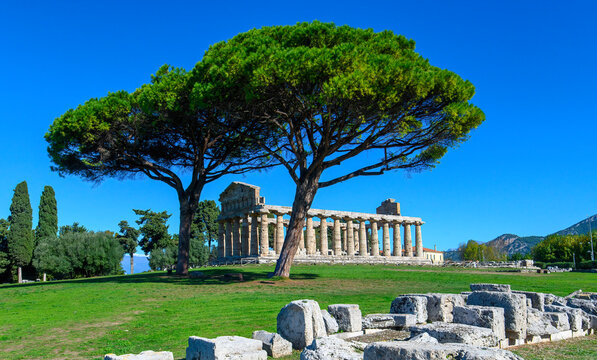 Ancient Greek Temple of Athena in Paestum, Italy at sunny day with blue sky. Famous archaeological site of Paestum, Magna Graecia, ancient ruins.