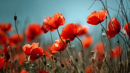Vivid red poppies gently sway in a sunny field under a clear sky