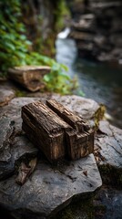 Weathered wooden blocks rest on mossy rocks beside a flowing stream
