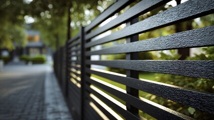 Modern dark grey horizontal slat fence made of sleek aluminum or composite material used as outdoor privacy screen near blurred garden.