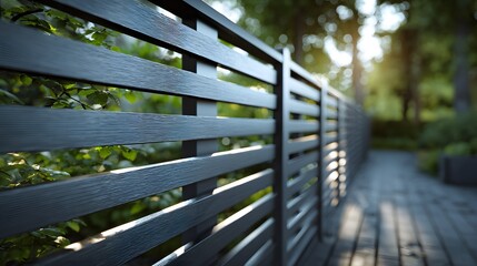 Fototapeta premium Modern dark grey horizontal slat fence made of sleek aluminum or composite material used as outdoor privacy screen near blurred garden.