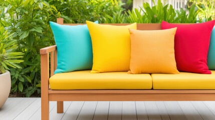 Obraz premium Outdoor patio terrace, wooden bench with many bright multi colored cushions (yellow, red, turquoise), green garden background, summer party atmosphere