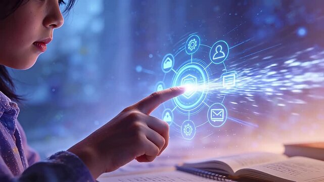 Futuristic holographic interface with digital icons and hand interaction