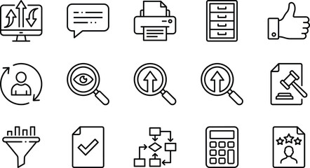 Business Process Management Icons Set with Data Analysis, Office Workflow, Legal Compliance, Financial Calculation, Human Resources, Document Filing and System Optimization.