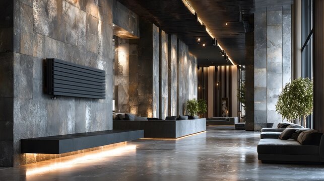 Modern luxury lobby interior featuring marble flooring, textured stone walls, and sleek black radiator heater mounted on the stone wall.