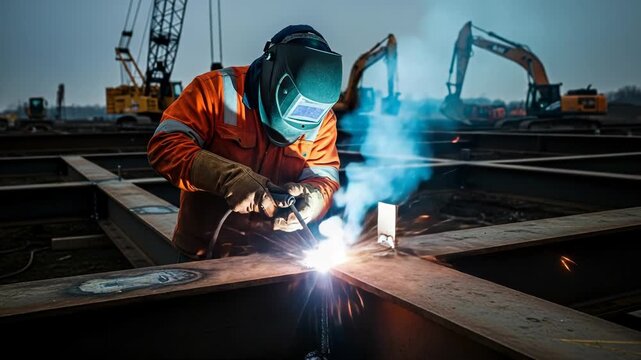 A construction worker in orange safety gear welding steel beams on a building site with heavy machinery