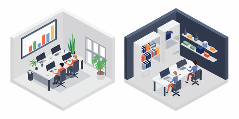 Obraz premium Isometric view of a modern office workspace with employees and technology