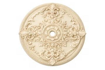 Decorative baroque ceiling medallion with intricate acanthus and scroll pattern carving, luxury home interior design element, transparent background
