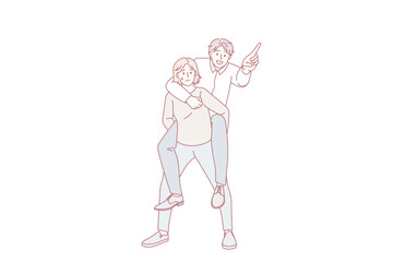 Heavy carrying and victim concept. Smiling positive businessman sitting on back on young stressed man feeling too much weight and pressure vector illustration