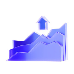 3D Glass growth chart icon, a statistical graph with up arrow for financial success or data trends. Transparent liquid Glass design icon, trending glass icon for graphic design, 3d illustration.