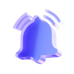 3D Glass bell notification icon, an alert ringer symbol for social media or app reminders. Transparent liquid Glass design icon, trending glass icon for graphic design, 3d illustration.