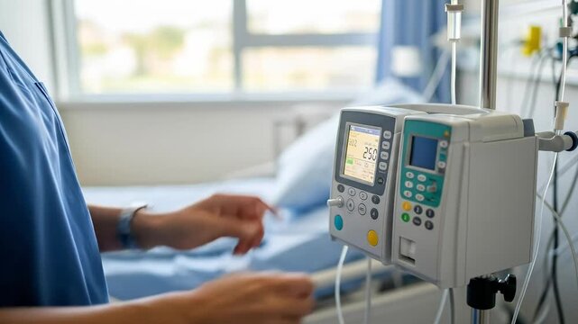 Healthcare Professional Adjusting Medical Infusion Pump Settings in Hospital Room, Wearing Scrubs, Focusing on Patient Care and Technology Management