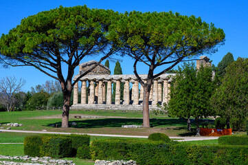Ancient Greek Temple of Athena in Paestum, Italy at sunny day with blue sky. Famous archaeological site of Paestum, Magna Graecia, ancient ruins.