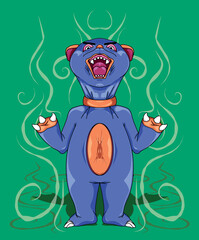 Obraz premium Angry Blue Raccoon Character Yelling with Steam. Expressive Cartoon Mascot for Kids, Game Design, Stickers or Social Media. Vector Illustration on Green Background.