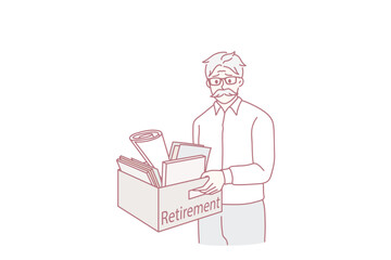Getting retired at work concept. Sad mature man standing with belongings box and retirement lettering feeling frustrated and stressed vector illustration