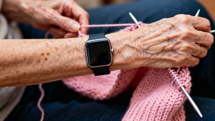Elderly woman knitting with smartwatch on her wrist at home  
