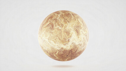 Abstract sphere with marbled texture in earthy tones of beige and brown, digitally rendered with soft lighting and subtle shadow against a plain white background.