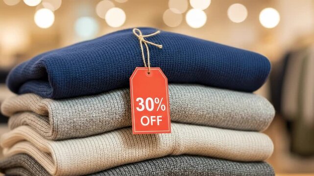 Stack of Folded Sweaters on Wooden Table with Red Sale Tag Showing 30 Percent Discount in Soft Warm-toned Clothing Store Environment