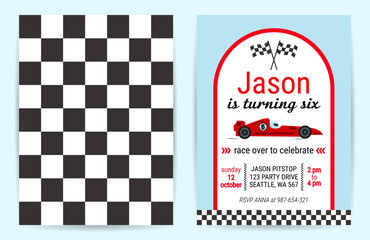 Obraz premium Birthday boy invitation card with race car. Vector birthday party theme template design. Cartoon illustration.