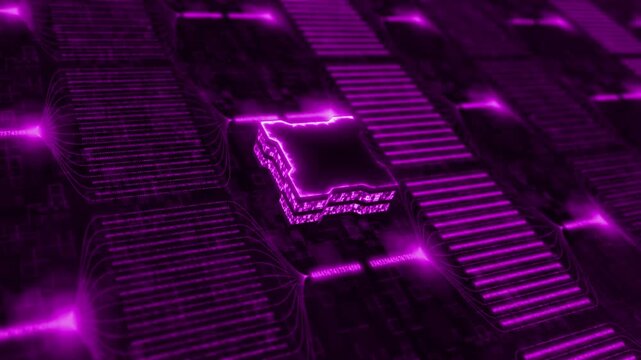 Pink color microchip glowing big data transfer binary code hi tech design black technology background