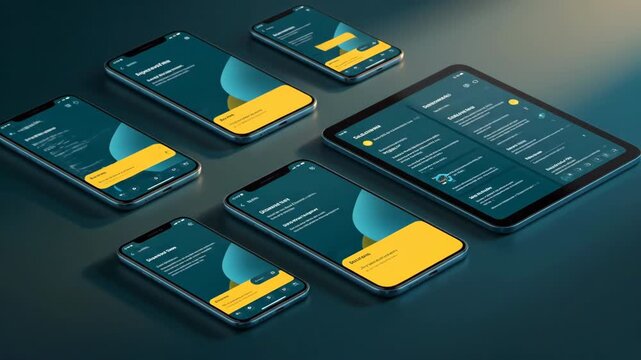 Group of modern smartphones and a tablet on a dark surface showcasing a teal and yellow interface.