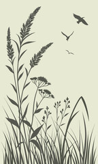 Obraz premium Elegant Silhouette of Wild Plants and Birds in Flight.