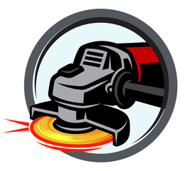 Powerful Angle Grinder with Sparks Flying from the Cutting Disc Enclosed in a Bold Circular Frame.