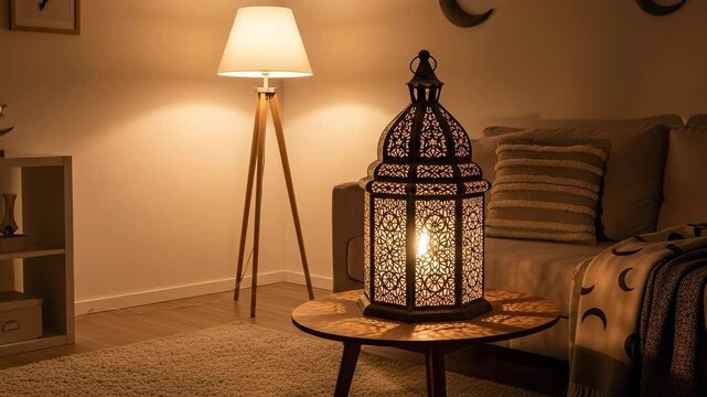 A Cozy Living Room Featuring an Intricately Designed Lantern, Modern Floor Lamp, and Stylish Couch, Perfect for Relaxation and Warm Ambiance