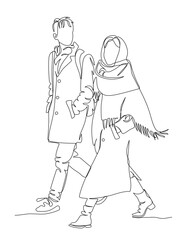 Couple man and woman walking . Wear warm clothes, coat and big scarf in winter season. Continuous line drawing. Black and white vector illustration in line art style.