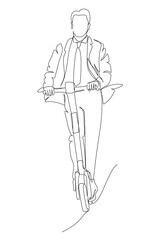 Man riding electric scooter. Wear suit, tie.  Continuous line drawing. Black and white vector illustration in line art style. Editable stroke.