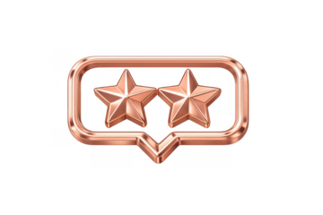 Two rose gold stars in a 3d speech bubble representing quality rating, customer feedback, and satisfaction concept on transparent background